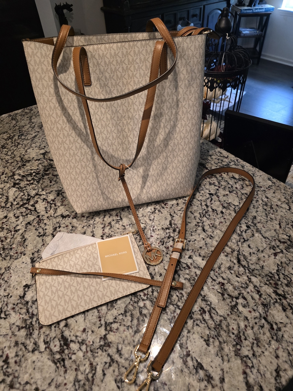 Michael Kors Vanilla Acorn Monogram Tote with Brown Trim and Gold Accents